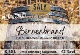 Etikett von Sälys fassgereiftem Birnenbrand